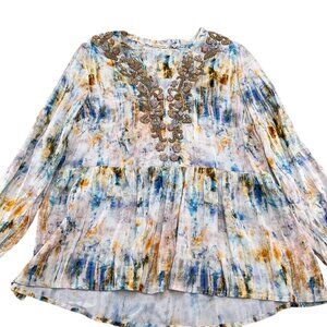 Soft Surroundings Blouse Women Large Blue Tie Dye Boho Smock Peasant Gypsy‎